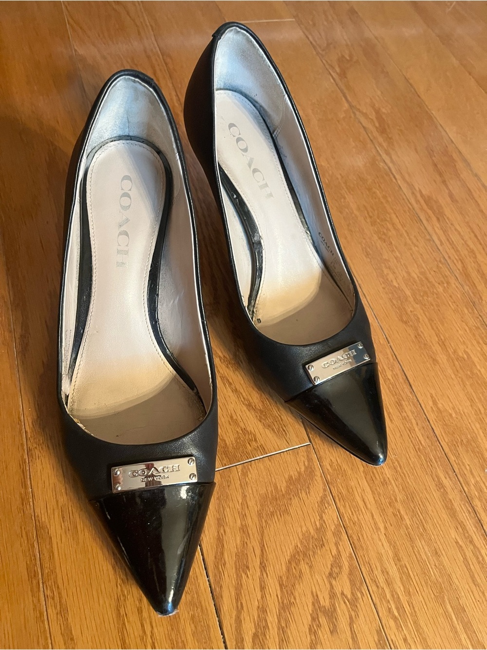 COACH Black Pointed-Toe Leather Heels with Patent Cap